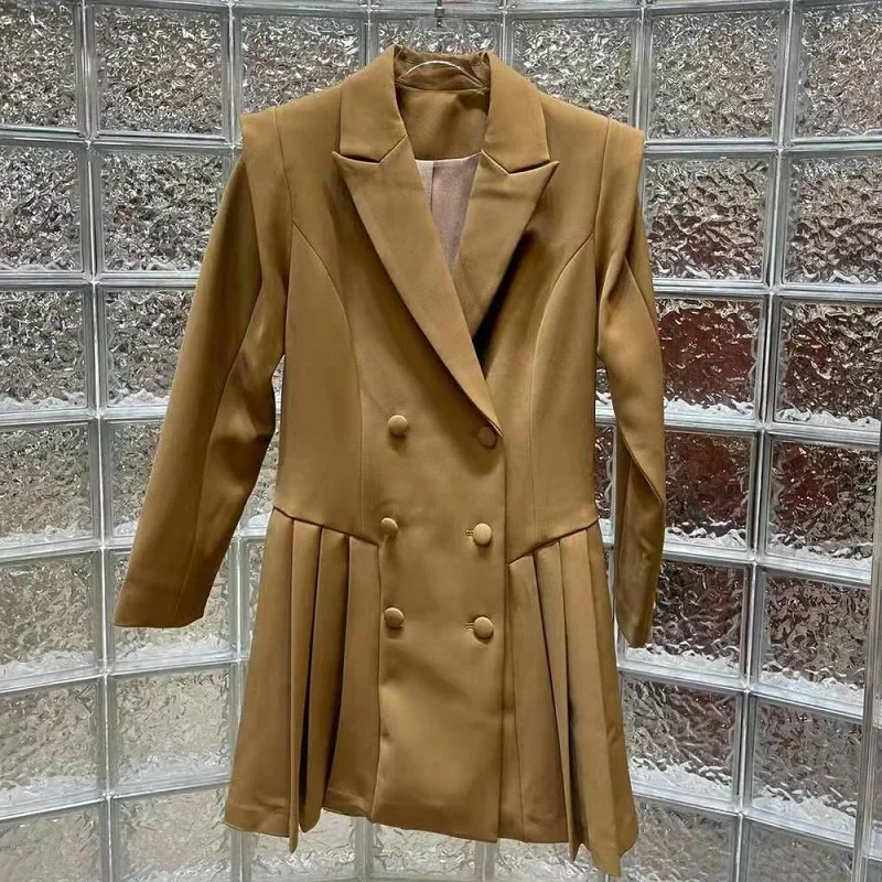 

Blazer Dress 2022 Spring High Quality Clothing Women Notched Collar Pleated Deco Long Sleeve Casual White Brown Blazer Outfits