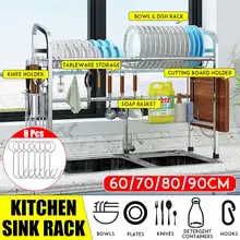 2-Tier Kitchen Stainless Steel Dish Drying Rack Holder Drainer Storage Shelf Sink Organizer Accessories Container 60-90cm Length