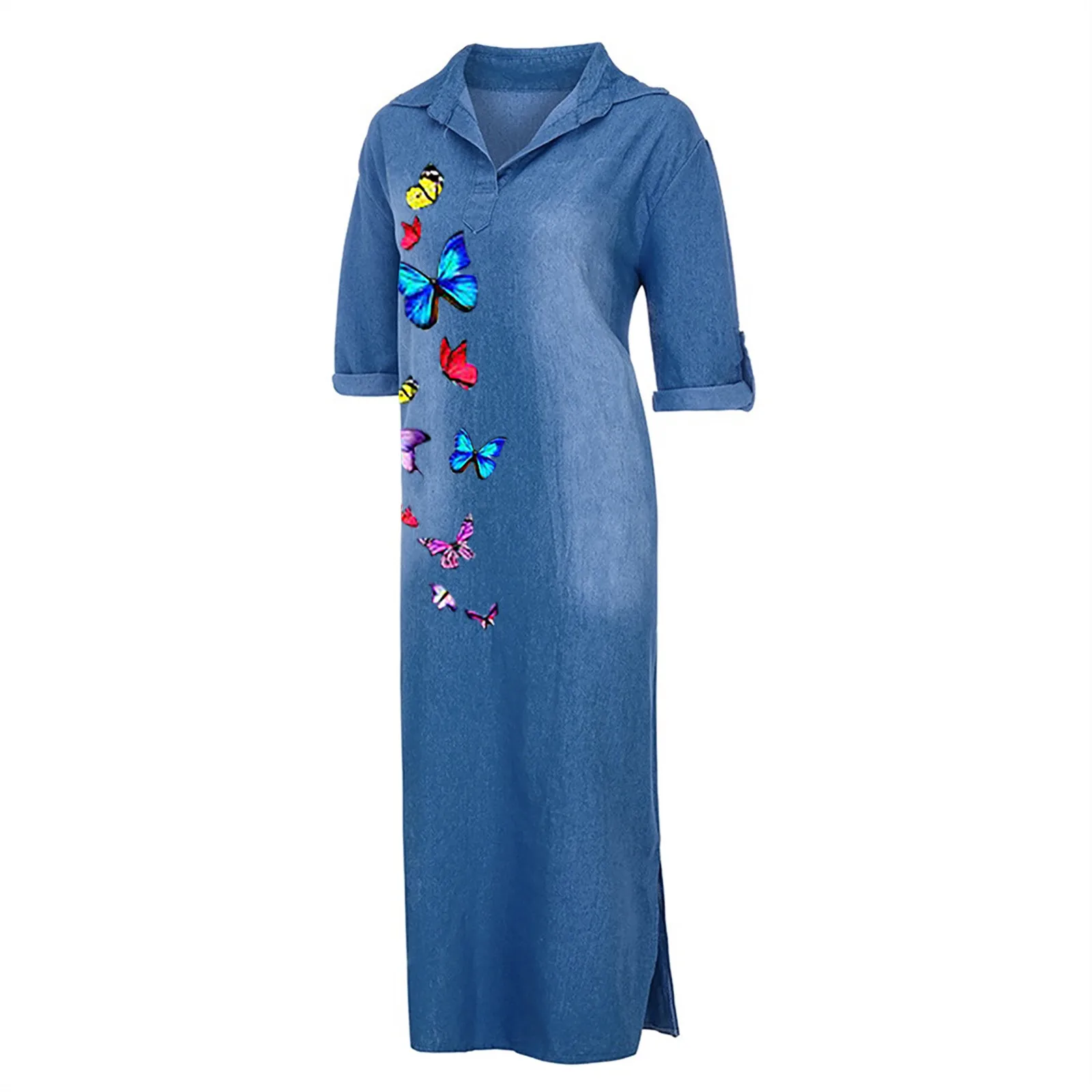 

2021 Plus Size Women Maxi Dress Casual Split Fork Long V-Neck 3/4 Length Sleeve Casual Printing Swing Long Denim Dresses vestido