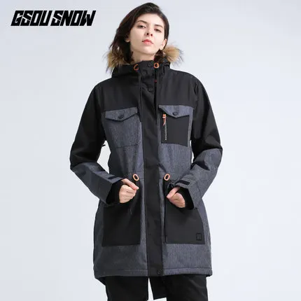 Женская лыжная куртка с меховым капюшоном GSOU ветрозащитная Водонепроницаемая
