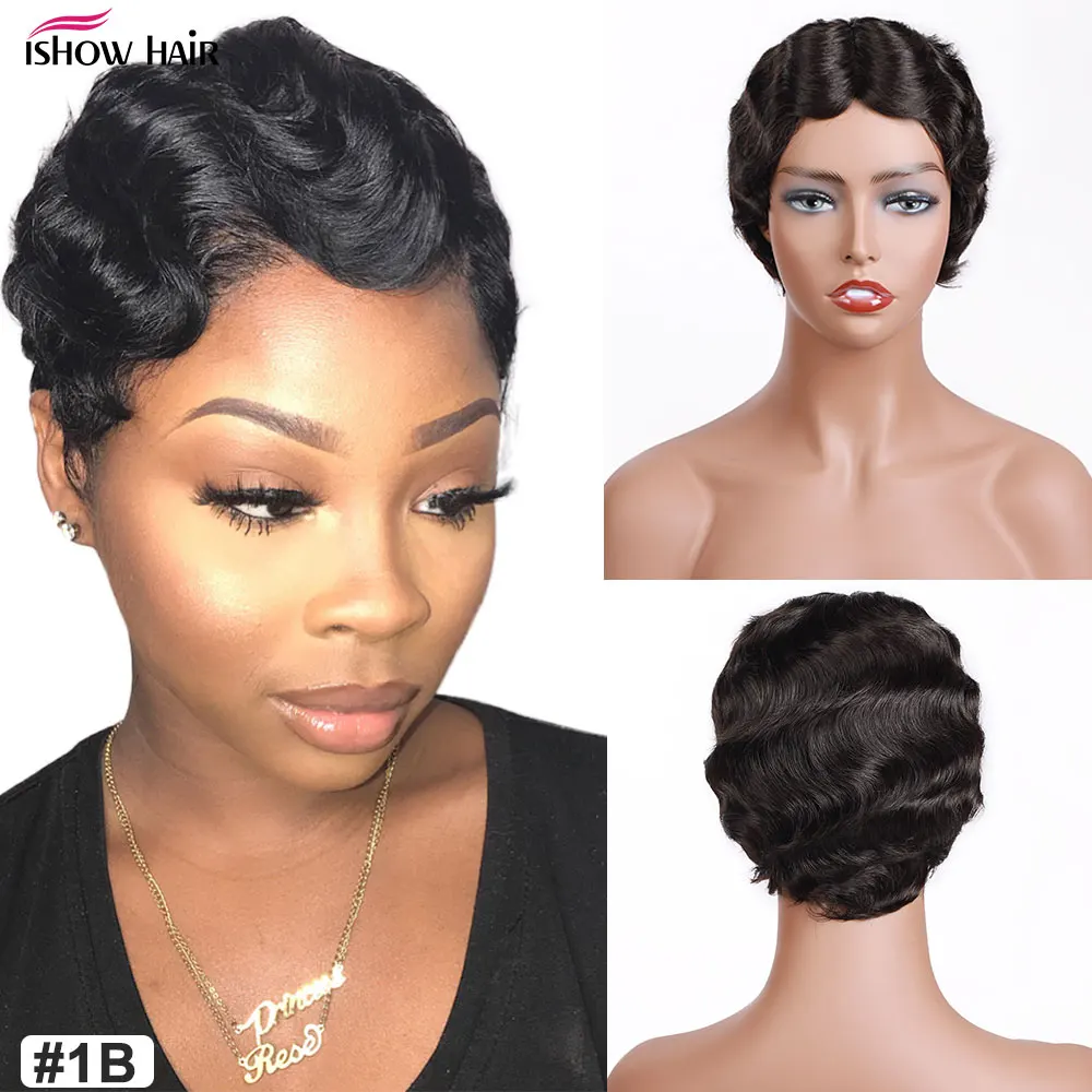 Парик Ishow Finger Wave 100% человеческие волосы парики Pixie Cut цветные Короткие Bob для