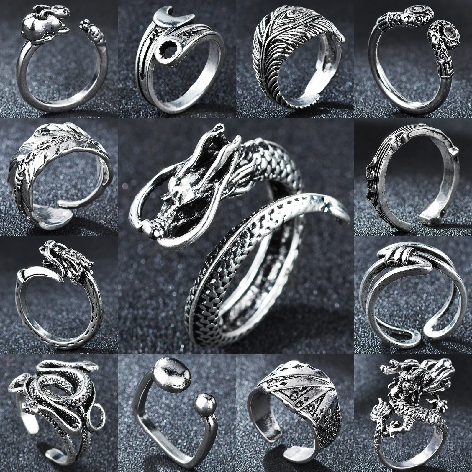 

30 Styles Vintage Silvery Punk Adjustable Dragon Rings For Men Women Biker Rock Opening Ring Gothic Cool Valentine's Day Jewerly