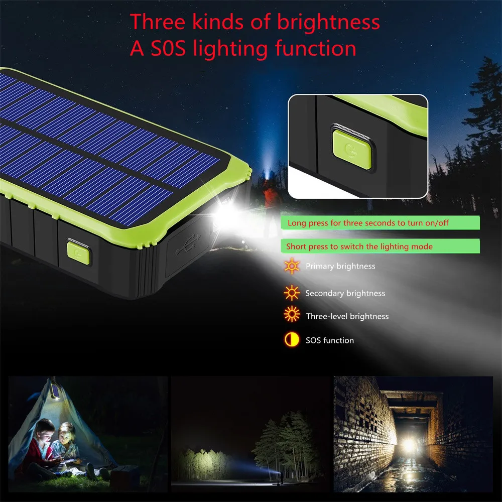 solar power bank 12000 mah outdoor emergency portable power bank led lighting mobile phone battery external auxiliary charger free global shipping