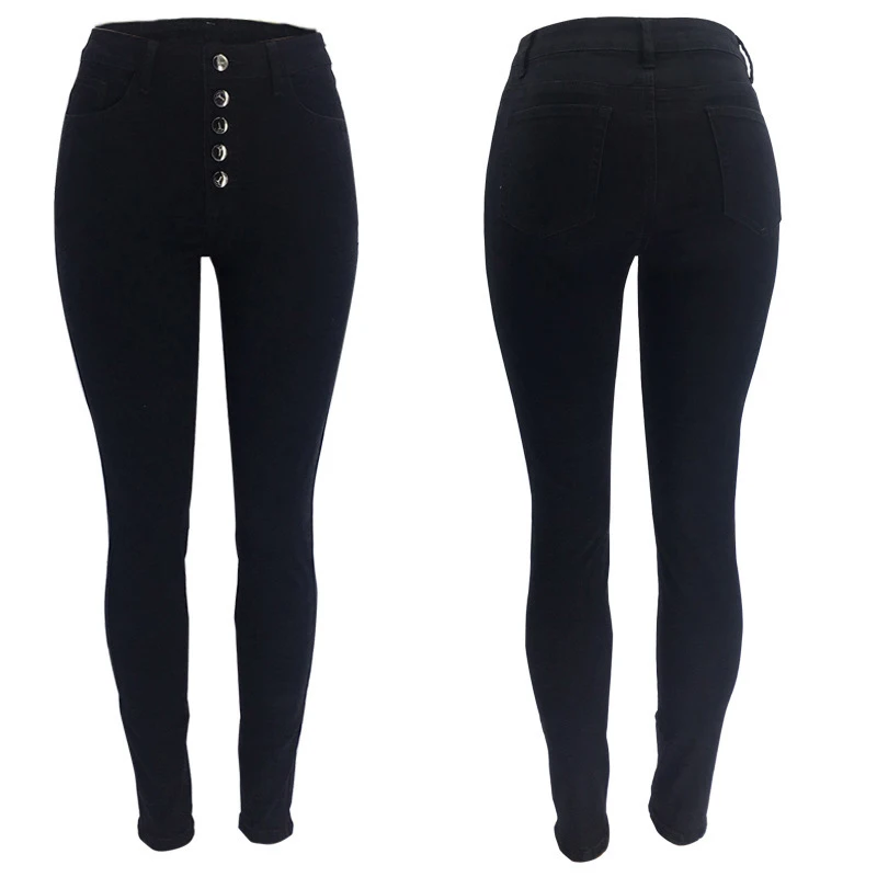 women solid long jeans oversized 2021 autumn elastic skinny pencil pants high waist button fly demin with pockets vaqueros mujer | Женская