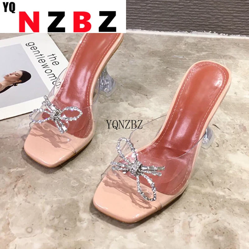 

YQNZBZWomen slippers 2021 Transparent high heels Sexy Square toe Fashion Rhinestone Bowtie Wedding Party shoes for Lady