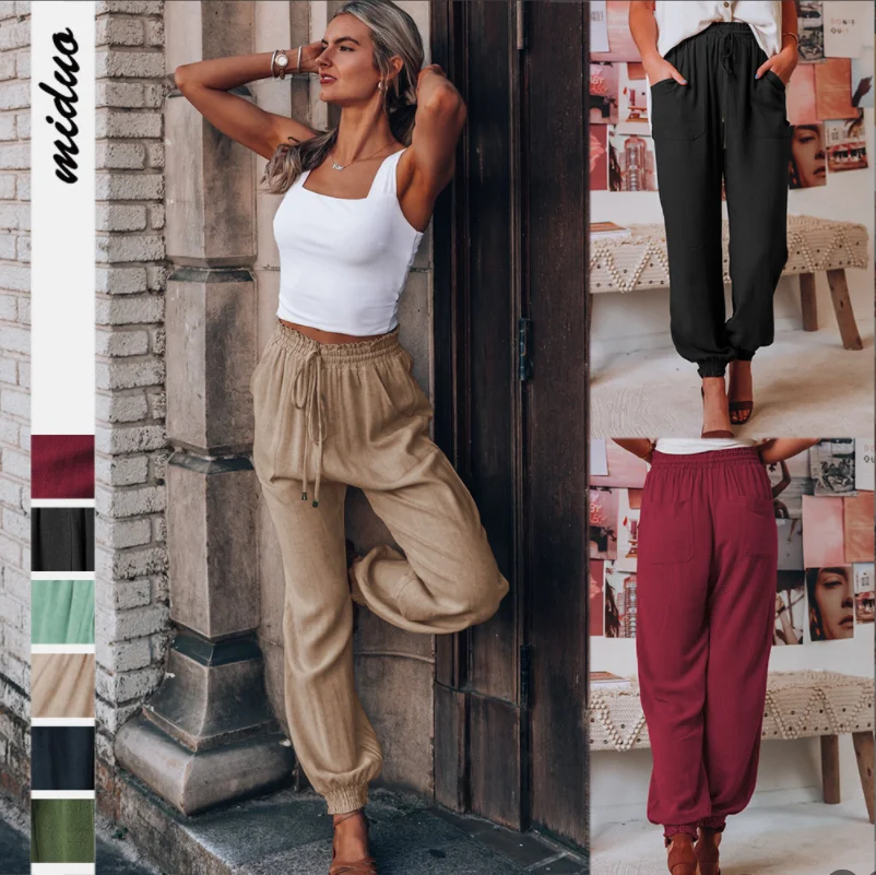 

New spring/summer women's pure color rayon comfortable casual pants fashion drawstring elastic waist harlan pants