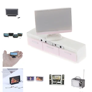 Кукольный домик в новом стиле, миниатюрный широкоформатный Плоский ЖК-экран, дистанционный Hi-Fi ТВ-шкаф для телевизора, кукольный дом, мебель для гостиной
