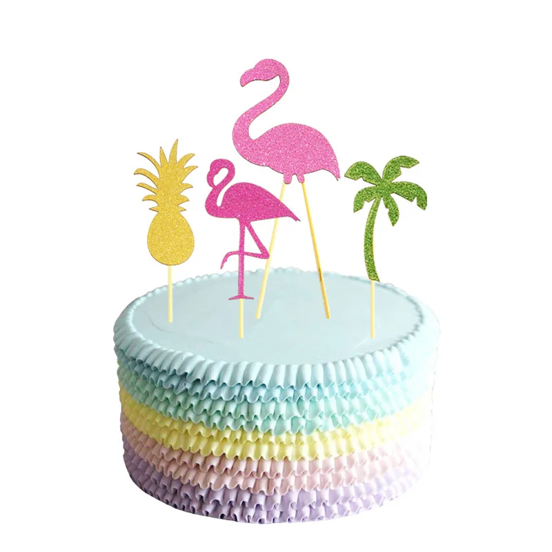 

4pcs/set Cake Topper Toppers Pink flamingo pineapple cactus Wrappers cupcakes flag birthday card Hawaiian wedding party decor