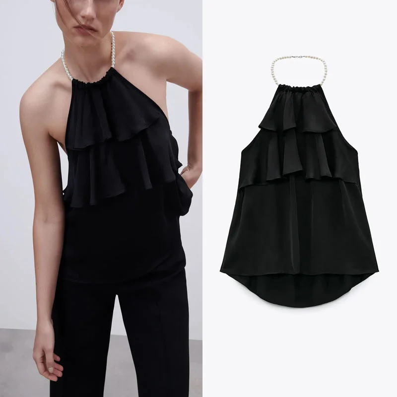 

Женская блузка без рукавов ZA, черная плиссированная блузка с открытой спиной и жемчужинами на бретелях, с оборками по краям, лето 2021