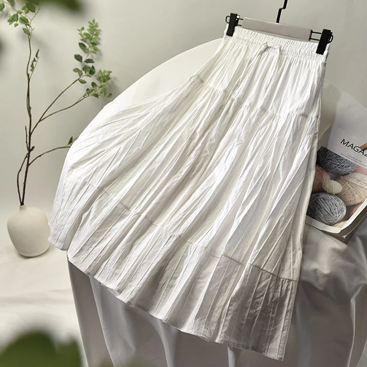 

2021 Women Summer A-Line Cotton Material Skirt Stretch High Waist Women Boho White Skirt With Lining Faldas Jupe Femme Saia