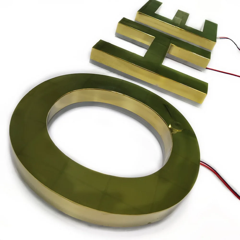 3D зеркальные золотые ореолы светящиеся буквы SUS с акрилом сзади для знаков