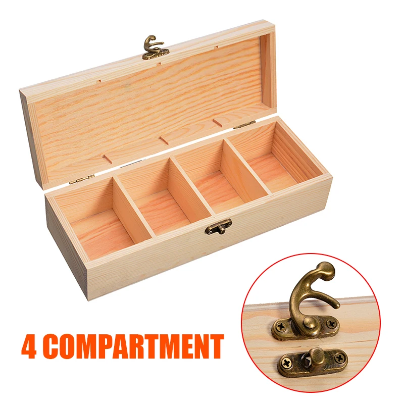 Простой 4 отсека деревянный ящик для хранения чая ювелирных изделий часы