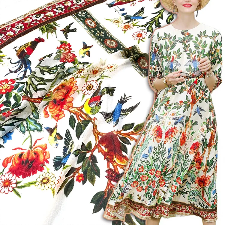 

130x145 см, Модная тонкая фототкань с цветочным/птичьим принтом для женщин и девушек, Летнее Длинное платье, ткань «сделай сам» для шитья