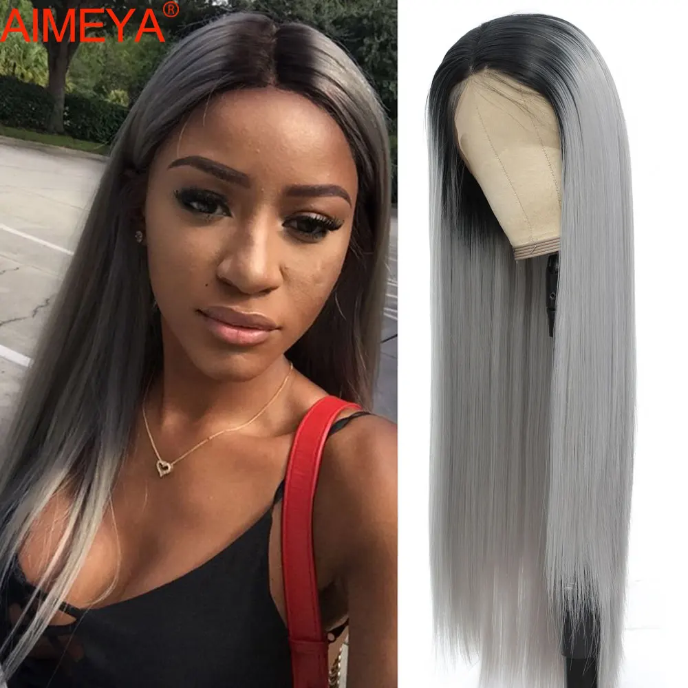 

AIMEYA Straight Lace Front Wig Synthetic Wigs for Women Lace Frontal Wig Ombre Grey Blonde Highlight Wig Cosplay Daily Wear 30"