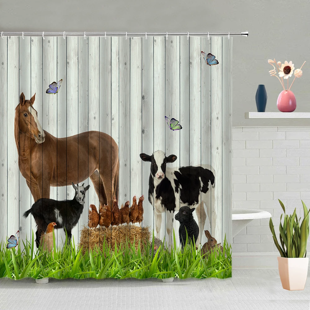 

Farm Animal Shower Curtains farmhouse Retro Wooden Wall Water Color sunflower Bathroom Decor Background Curtain Set With Hooks