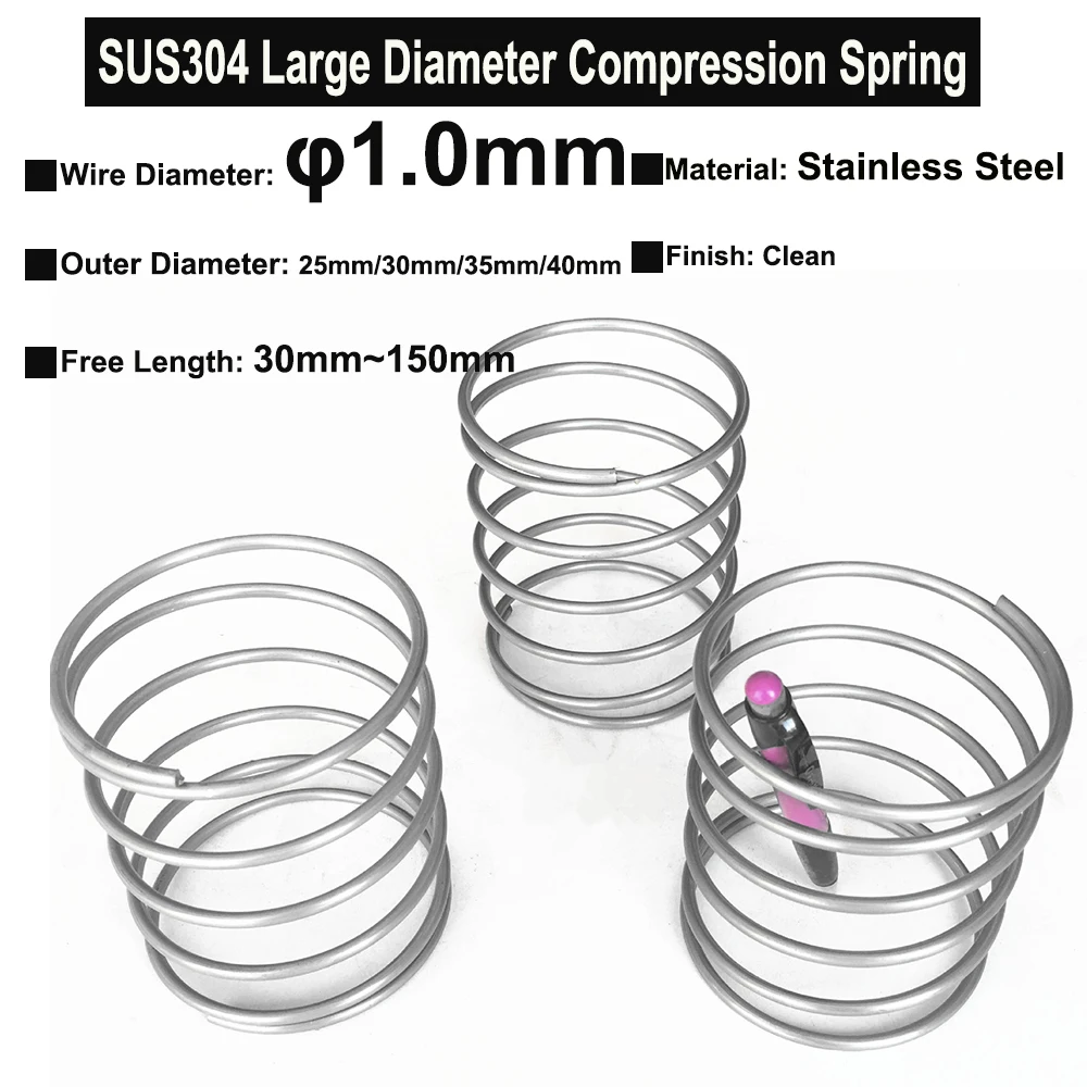 3Pcs Wire Diameter 1.0mm SUS304 Stainless Steel Large Diameter Compression Spring OD=25mm~40mm Free Length 30mm ~ 150mm