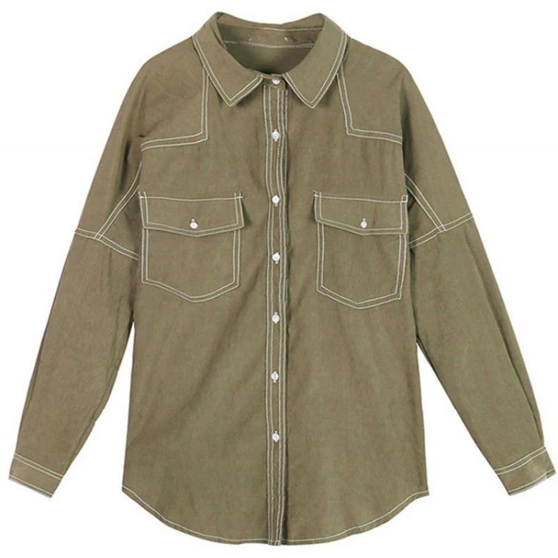 

Women Blouses Turn-down Collar Long Sleeve Spring Vintage Pockets Loose Female All-match BF Streetwear Chic Trendy Ulzzang New