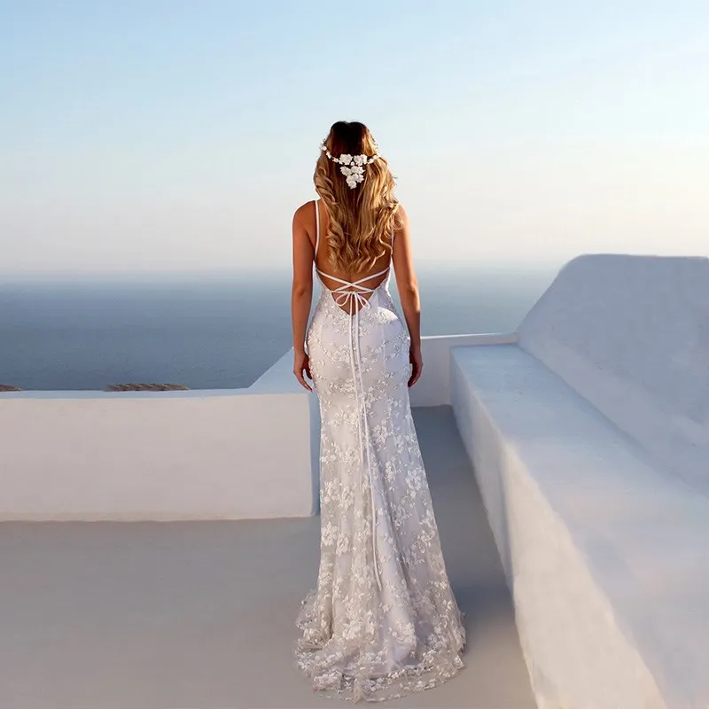 Женское длинное пляжное платье-Русалка белое кружевное платье с открытой спиной