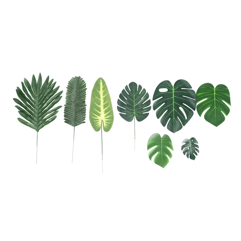 68 Pieces 8 Kinds Tropical Party Decorations Jungle Monstera Leaves Artificial Palm with Faux Stem |