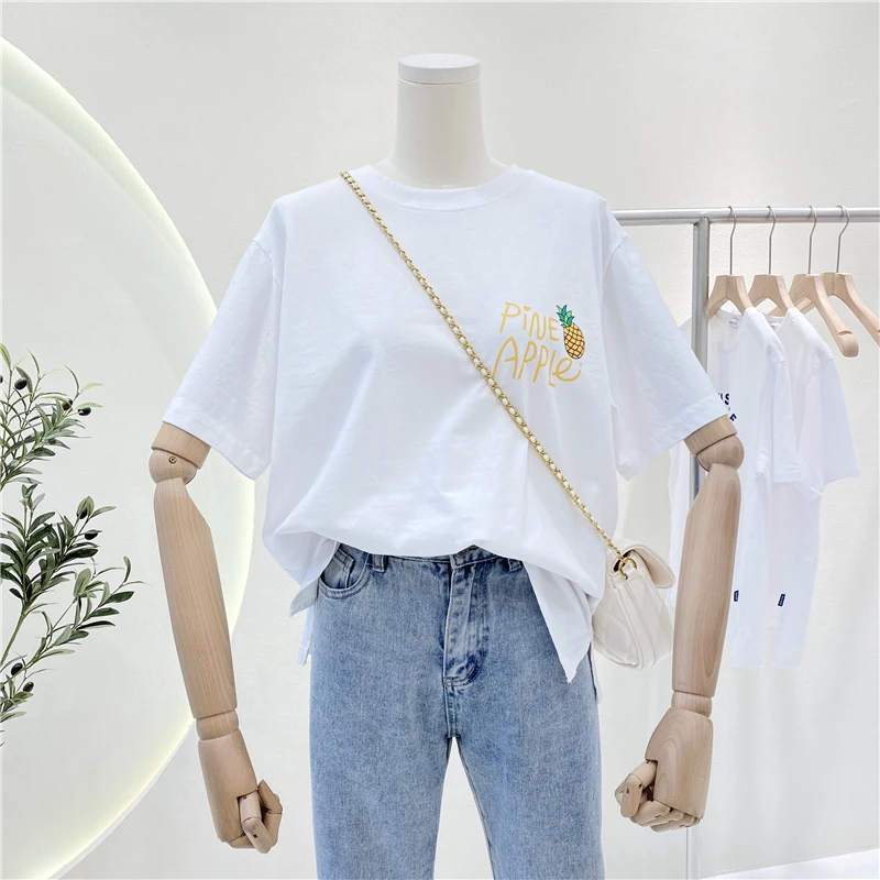 

Cartoon Pattern Short-Sleeved T-shirt for Women 2021 Summer Korean Fashion White Cotton Round Neck Tshirt Simple Bottoming Tops