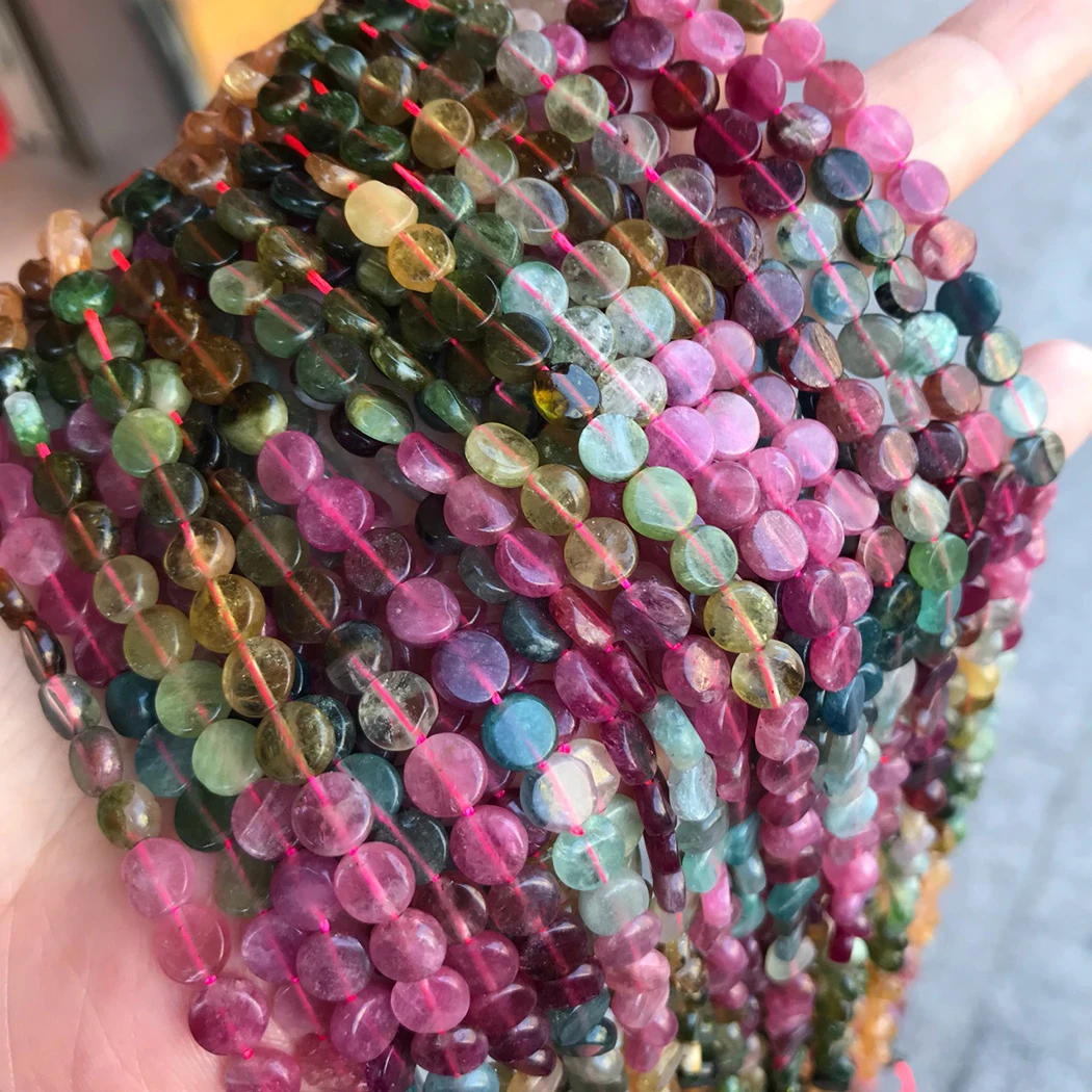 

Natural tourmaline 5-7mm round coin Gemstone beads for 925 sterling silver Jewelry Making Necklace Bracelet 15inch ICNWAY