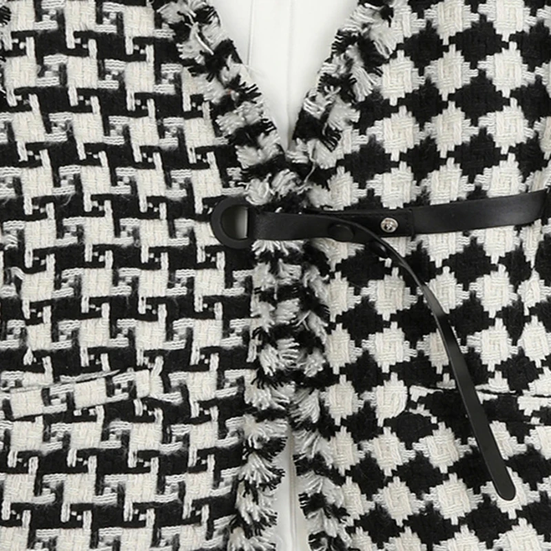 

Women Splice Houndstooth Burrs Cuff Bandage Ruffles Plaid Dress New Lapel Long Sleeve Loose Fit Fashion Tide Spring Autumn 2021