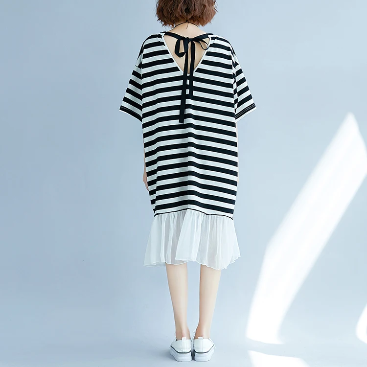 #0135 летнее черно-белое платье-футболка в полоску женское шифоновое свободное