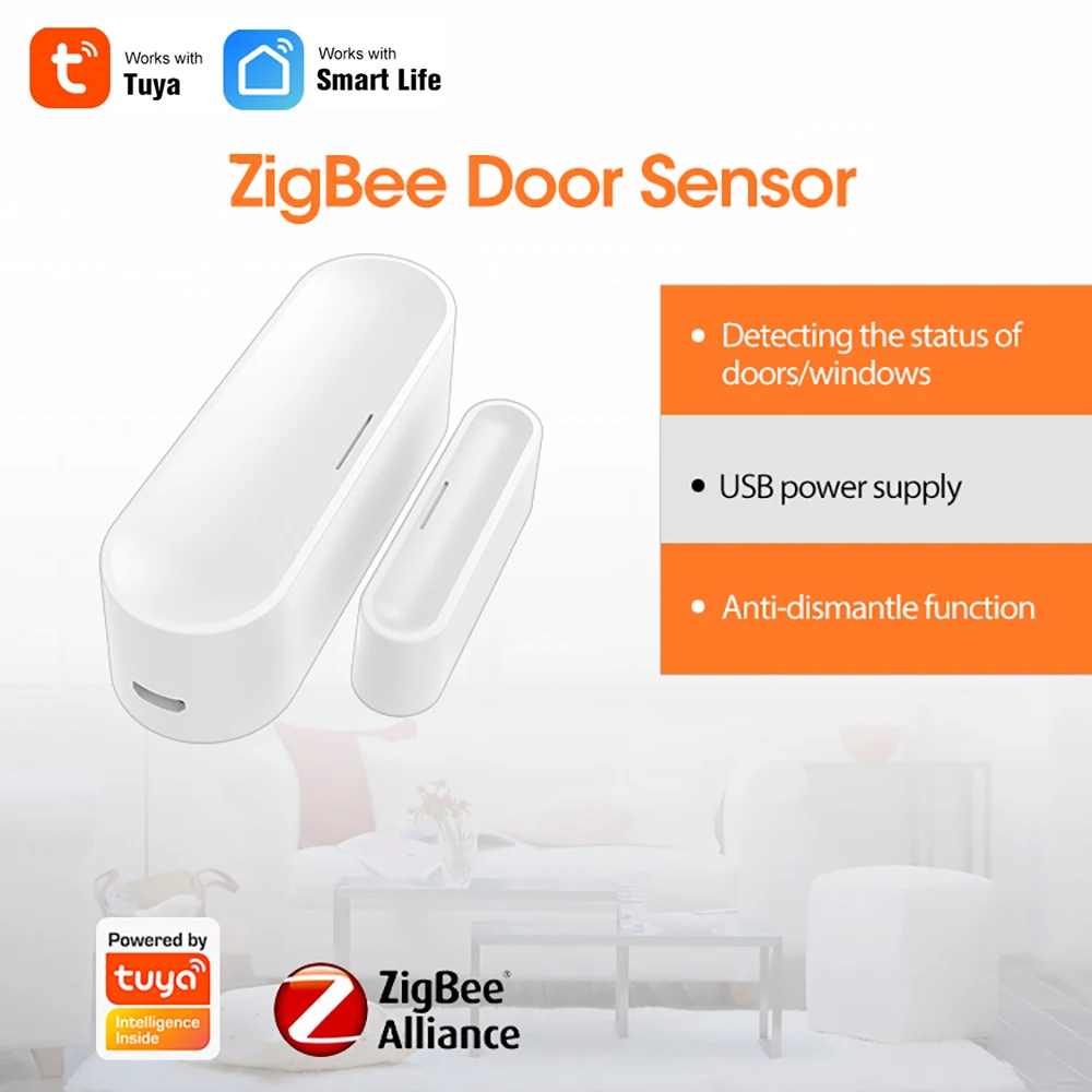 

Tuya Zigbee Smart Door Window Sensor ,Home Security Detector ,Battery Powered or USB Charge Works With TUYA Smart Life APP