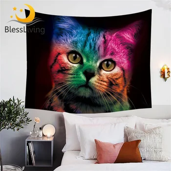 BlessLiving Colorful Cat Tapestry Bold Color Black Animal Tapestries 3d Pet Decorative Wall Hanging for Kids Room Bedspreads 1
