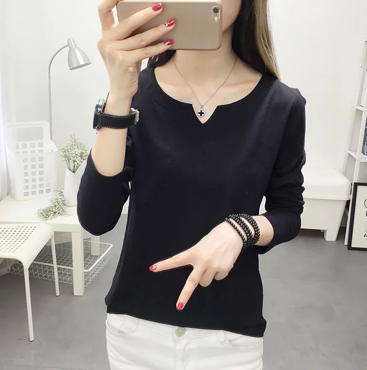 Женская однотонная Базовая футболка с длинным рукавом Повседневная Футболка