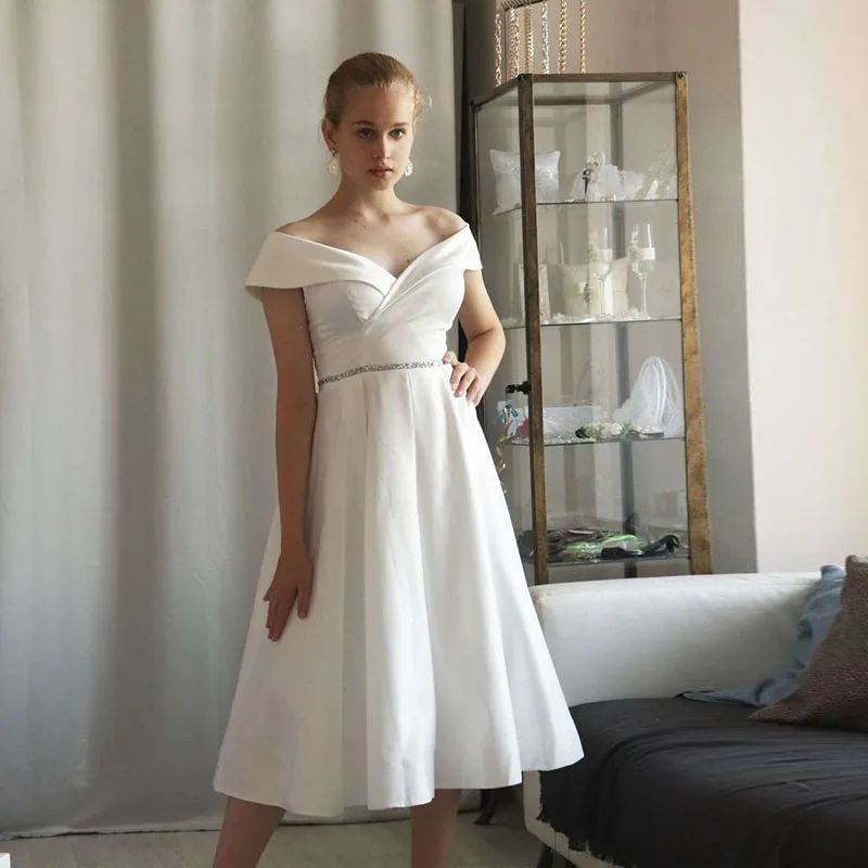 

Retro Off the Shoulder Boho Beach Wedding Dress Front A Line Chiffon Tea Length Bridal Gown Custom Made Свадебное платье