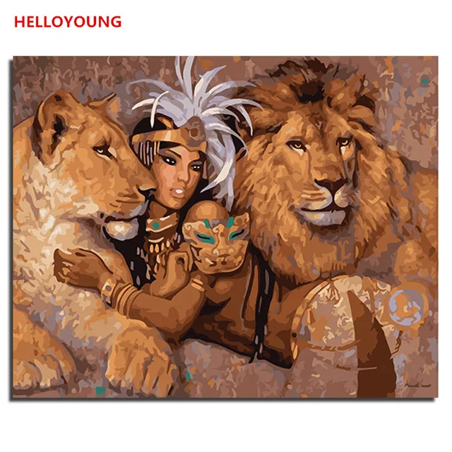 Картина по номерам Лев и собака ручная роспись|paintings home decor|painting chinesepainting by numbers |
