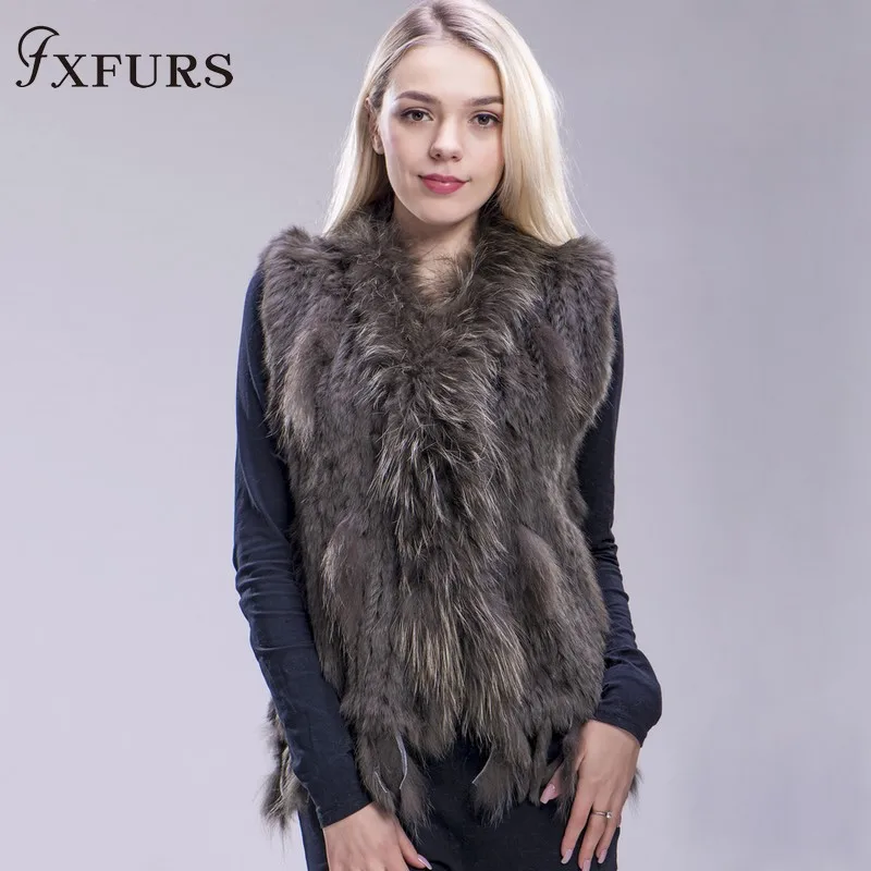 FXFURS из натурального кроличьего меха; вязаная жилетка; куртка из искусственного меха, красочные кролика, енота меховая вязаная жилетка 16 Цвета - Цвет: army green
