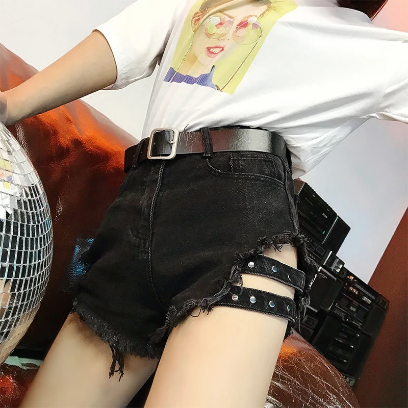 FTLZZ New Summer Women Hole Bandage Rivet Black Denim Shorts Casual Female Streetwear High Waist Wide Leg Jeans | Женская одежда