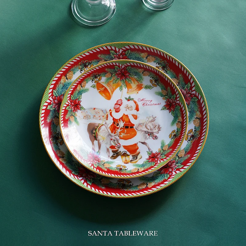 Рождественская керамическая посуда праздничная тарелка с Санта Клаусом и оленем