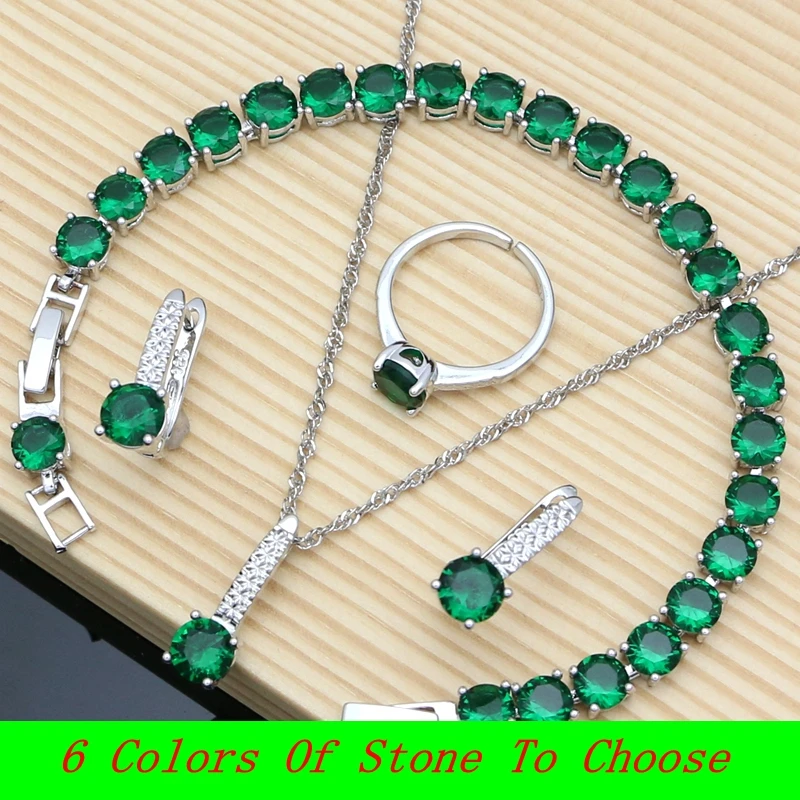 

Bride Silver 925 Jewelry Sets Natural Green Emerald Earring Bracelet Resizable Ring Birthstone Fashion Necklace Set Dropshipping