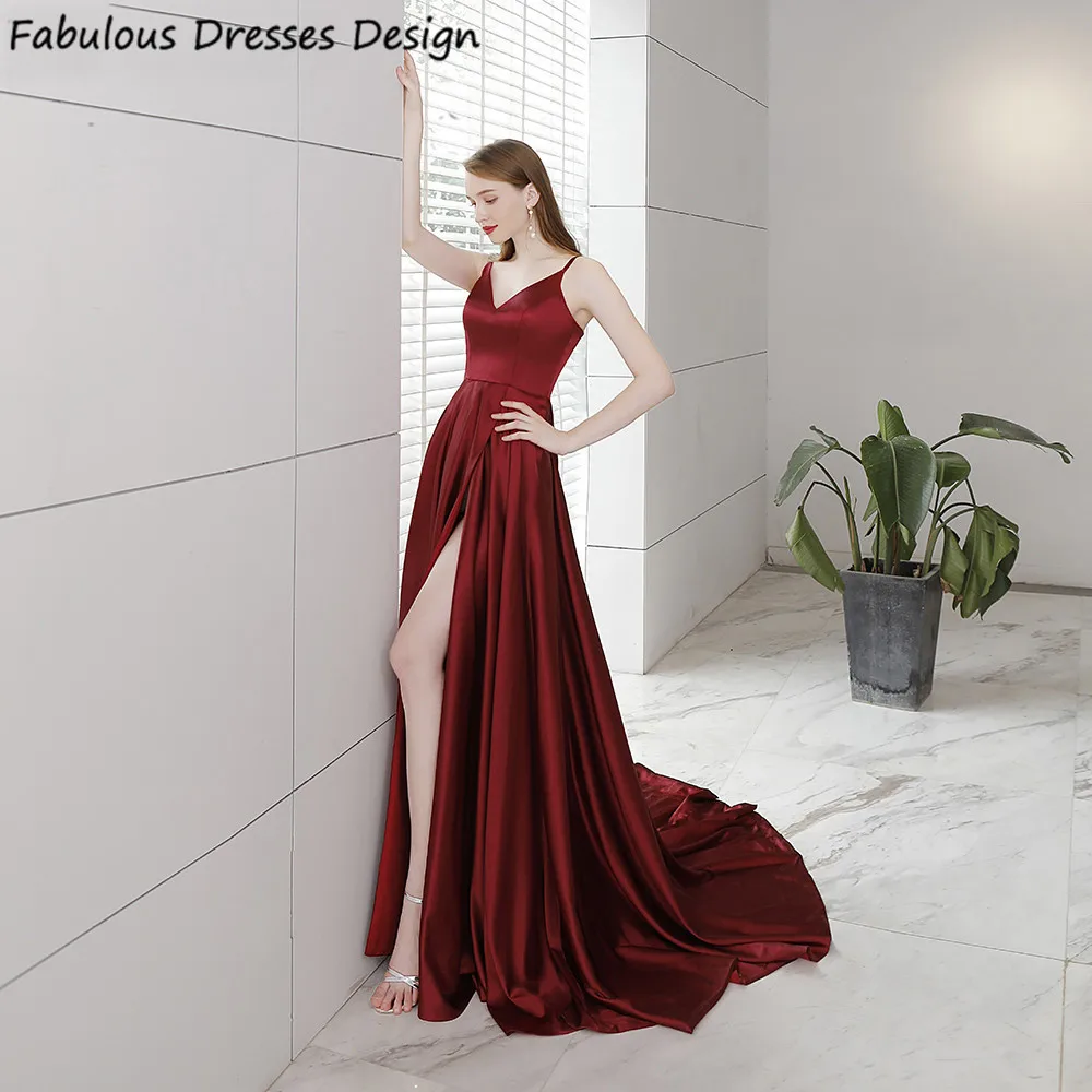 

Burgundy A Line Long Prom Dresses With Split V-neck Spaghetti Strap Evening Dress Women Party Night 2021 Satin Vestido De Festa