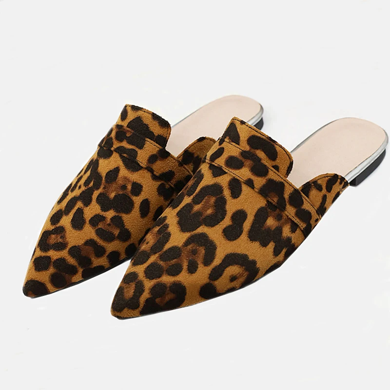 Мюли женские с леопардовым принтом плоская подошва заостренный носок без