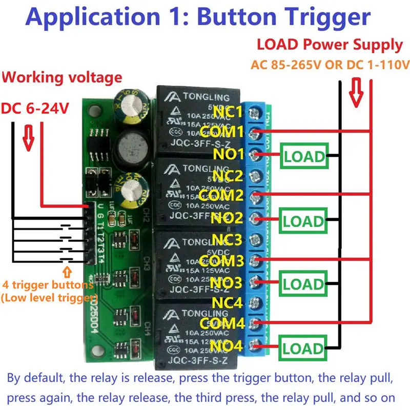 4Ch с источником питания от постоянного тока 6V-24V флип-флоп триггерный релейный