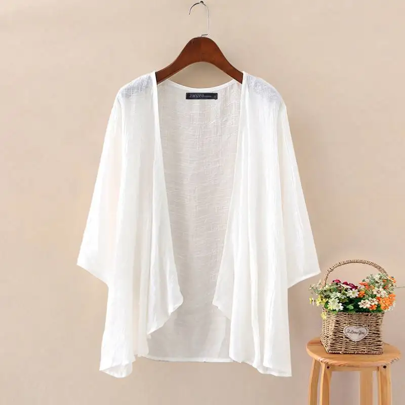 

Fashion Solid Cardigans Womens Summer Blouse 2021 ZANZEA Casual Long Sleeve Blusas Female Thin Tunic Plus Size Tops Kimono Cape