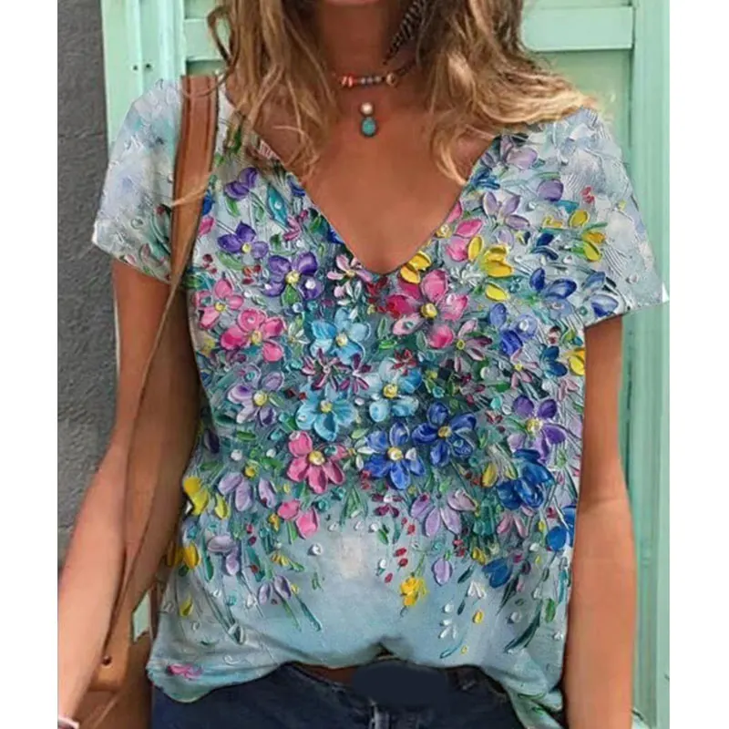 

Fashion Printed T-Shirt Casua Summer tshirt Ladies V-Neck Harajuku Tunic Tops Female Plus Size Women Short Sleeve Shirt Blusas