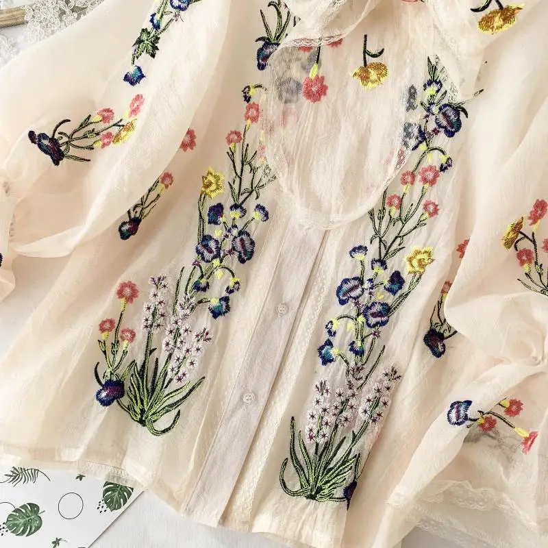 Женская винтажная блузка с вышивкой свободная во французском стиле длинными