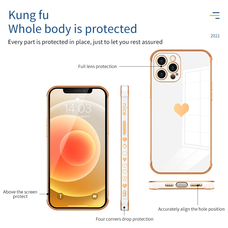 

Luxury Soft Electroplated Love Heart Phone Case For iPhone 11 12 13 Pro Max XS X XR Shockproof Bumper Back Cover