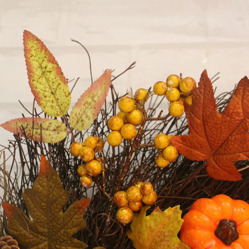 

45CM Autumn Holiday Artificial Pumpkin Maple Leaves Wreath Thanksgiving Day Halloween Front Door Wall Hanging Garland