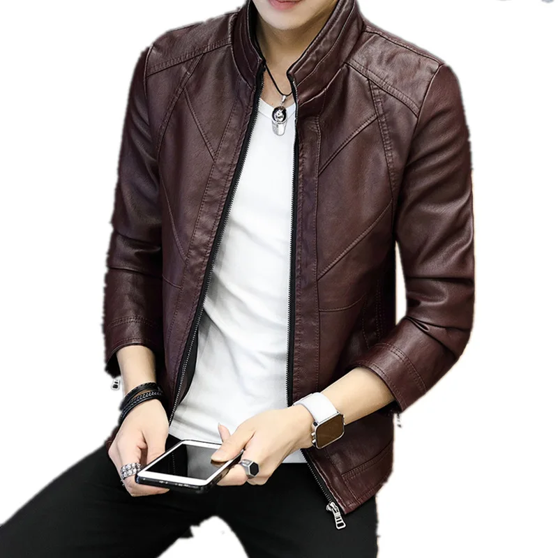 

Winter Autumn Korean Men's Casual Zipper Stand Collar PU Leather Motorcycle Coats Men Leisure Clothing Warm Fleece Jacket