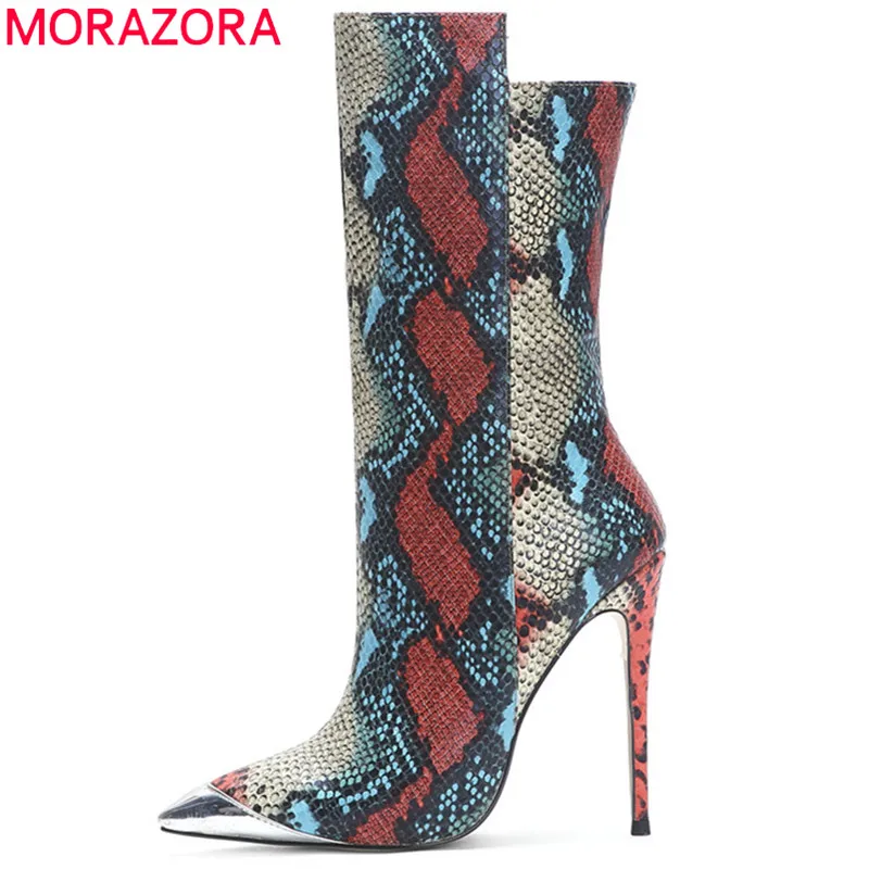 Женские сапоги со змеиным носком MORAZORA черные до середины икры с острым на высоком