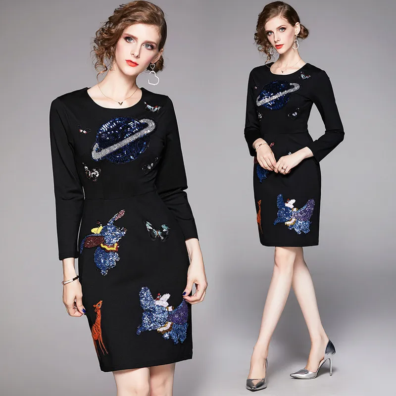 

Top Fashion Women Autumn Winter Designers Runway Long Sleeve Dress Sequined Embroidery Office Party Black Robe Femme Vestidos
