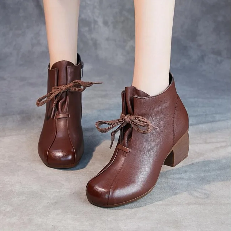 

2021 New Ankle Boots Women Round Toe Thick Heels Genuine Leather Shoes Short Boots Soft Sole Footwear Plus Size 35-41