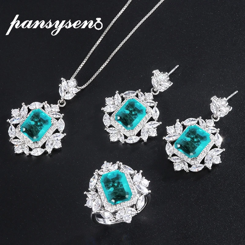 

PANSYSEN Luxury 925 Sterling Silver Tourmaline Emerald Sapphire Ruby Gemstone Necklace Earrings Ring Wholesale Fine Jewelry Sets