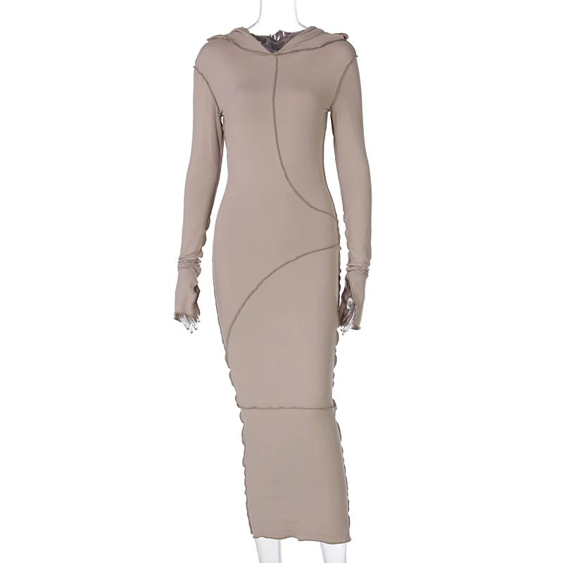 

2021 Long Sleeve Hooded Patchwork Skinny Maxi Dress Autumn Winter Women Fashion Streetwear Casual Outfits